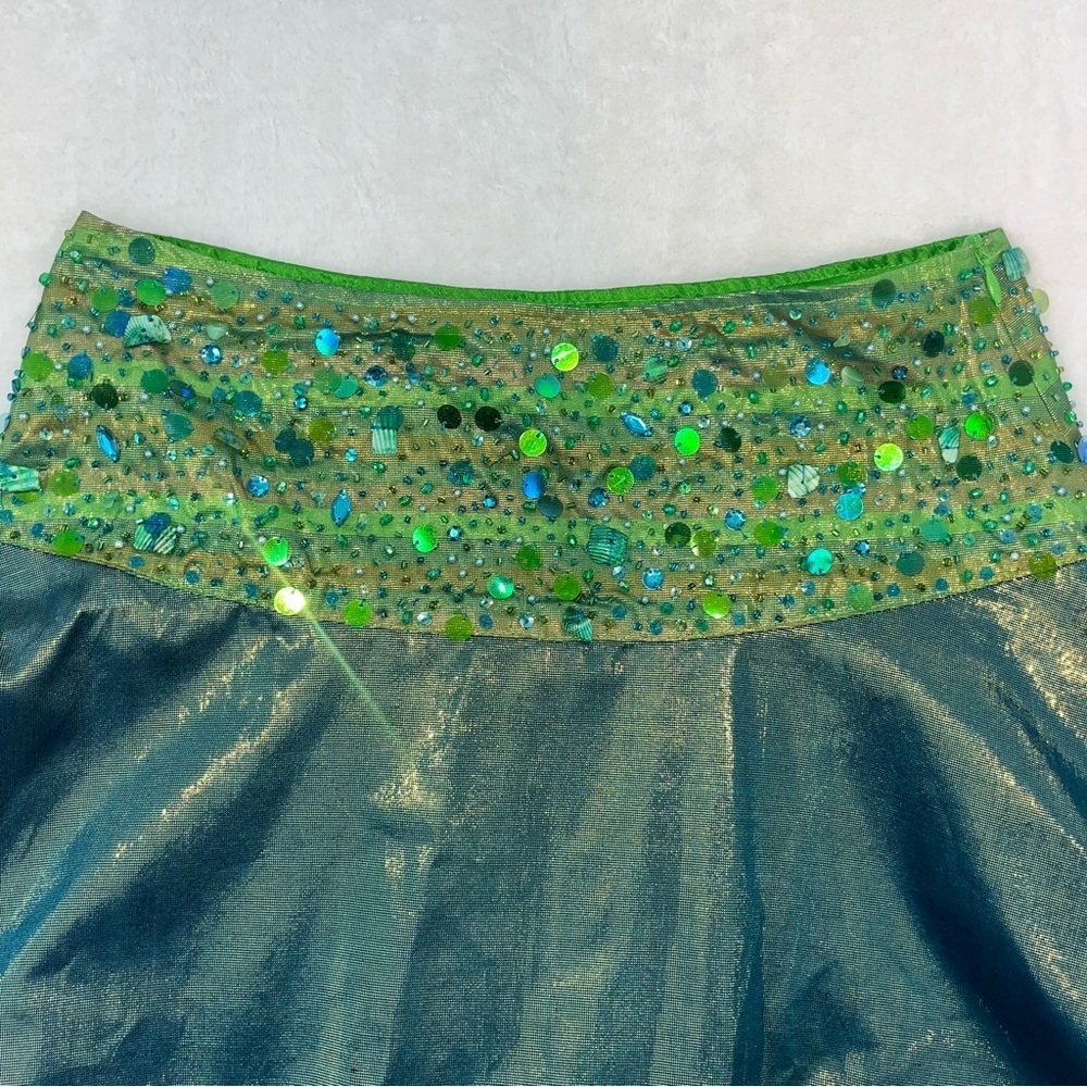 Basil & Maude Iridescent Green Blue Sequin Mermaid Beaded Skirt Sz 2 A Line - Picture 10 of 16